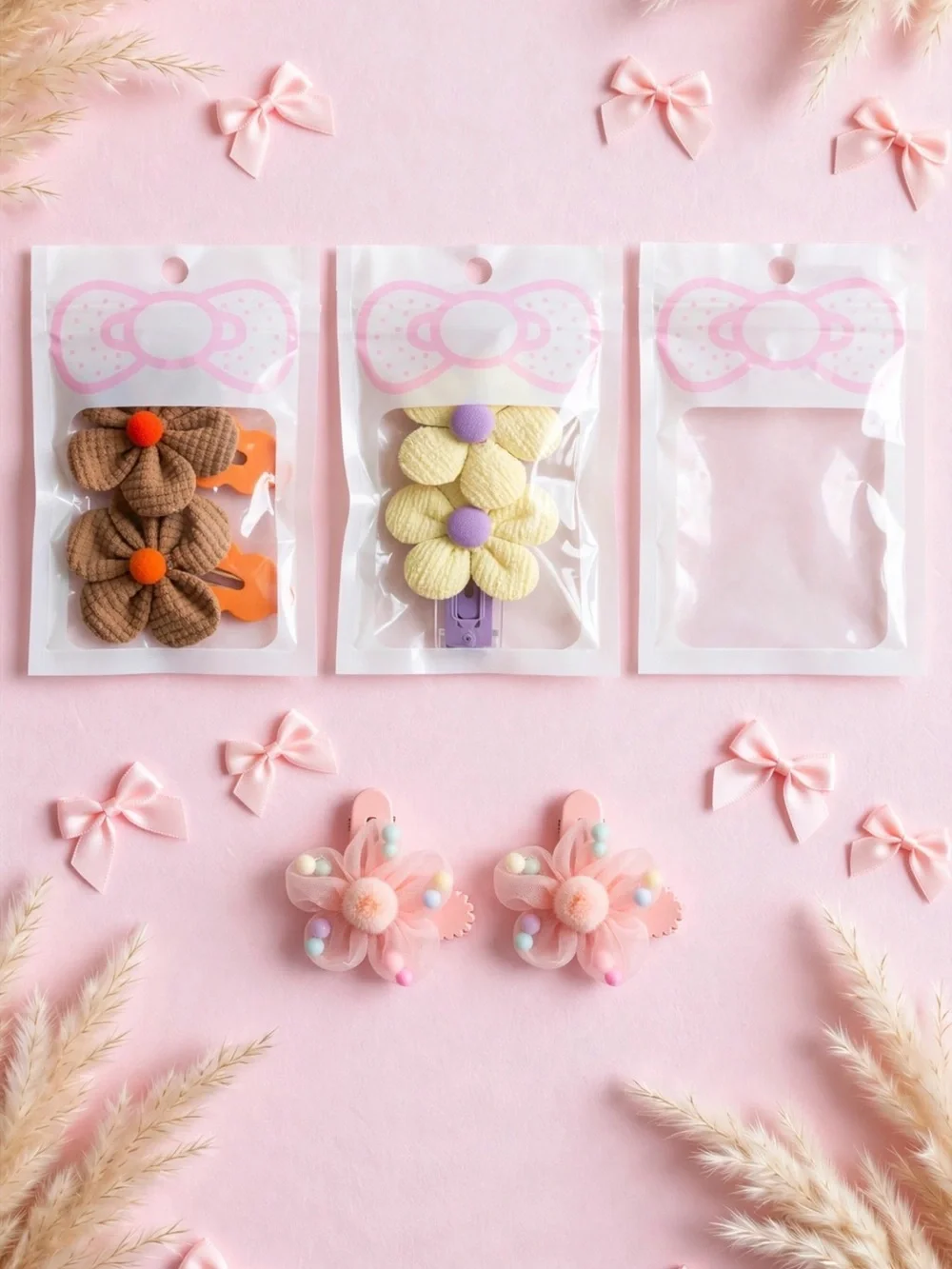 Cute Flower Hair Clips Set - Brown, Yellow, Pink